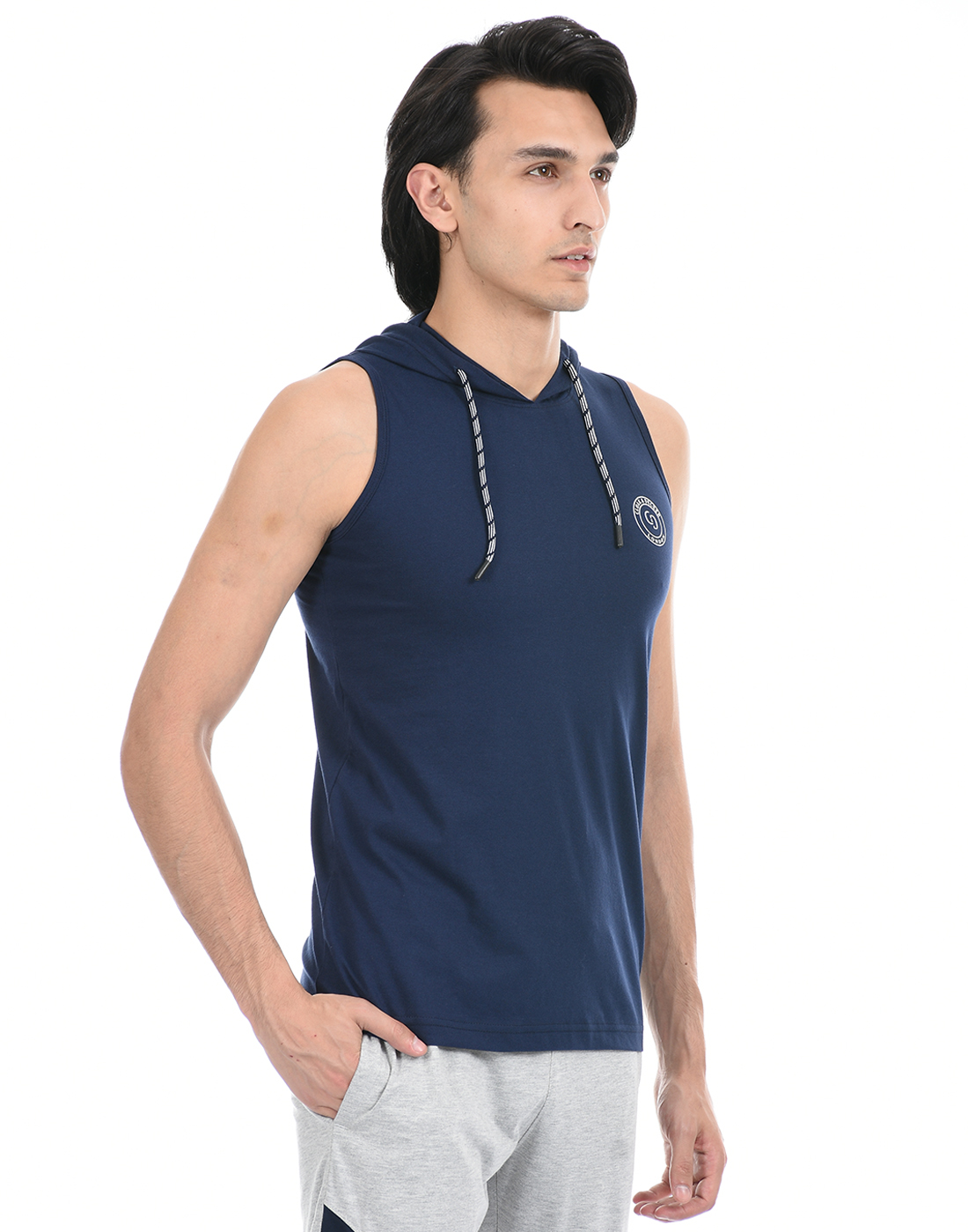 Cloak & Decker by Monte Carlo Men Dark Blue Sleeveless Hooded Tshirt